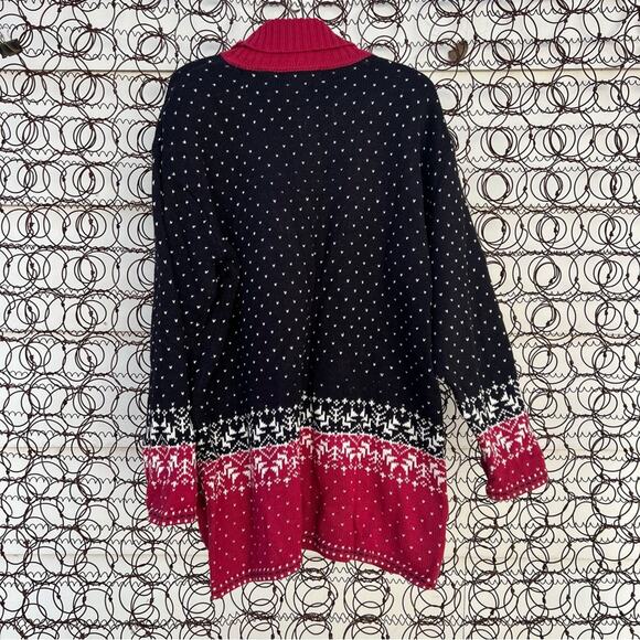 Vintage 90s Red Black Snowflake Christmas Fair Isle Turtleneck Tunic Sweater - Picture 3 of 6